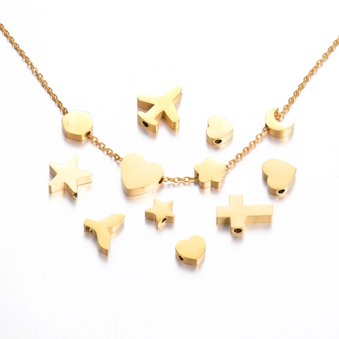 Perles Perforées en Acier Inoxydable Poli pour Création de Bijoux DIY Cœur Lune Étoile Avion Queue de Poisson
