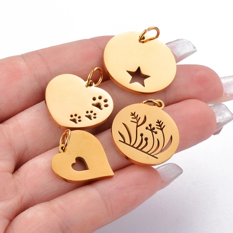 Polished Stainless Steel Hollow Pendants Heart Star Paw Print Floral Charms For DIY Necklace Bracelet Jewelry Making Accessories
