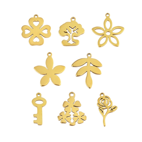 Beloques Pendentifs DIY en Acier Inoxydable Ajourés Fleur Trèfle Feuille Arbre Clé Rose pour Fabrication de Bijoux Or Argent