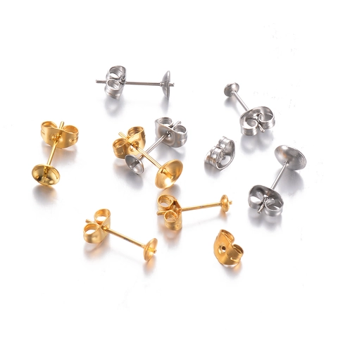 Stainless Steel Earring Stud Findings DIY Jewelry Accessories Cup Tray Earring Posts With Butterfly Backs Gold Silver Stud Base