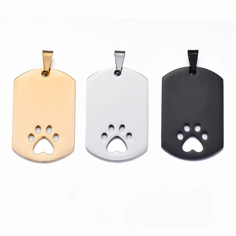 Stainless Steel Rectangular Hollow Paw Print Dog Tag Pendant DIY Keychain Necklace Accessory For Men Women Pets