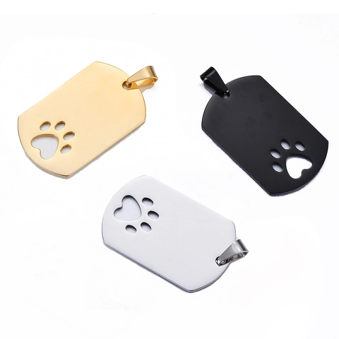 Stainless Steel Rectangular Hollow Paw Print Dog Tag Pendant DIY Keychain Necklace Accessory For Men Women Pets