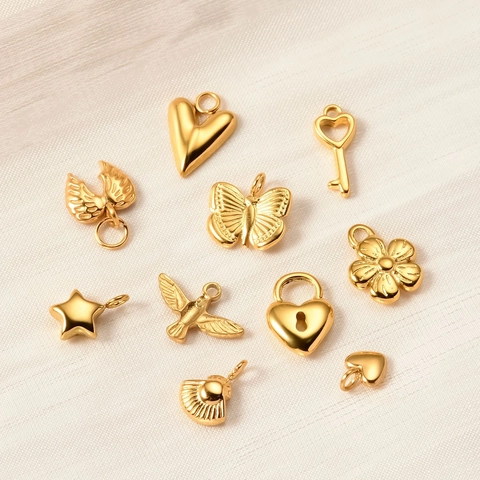 Dijes de Acero Inoxidable Mini 3D Corazón Mariposa Flor Pájaro Concha Candado Llave para Creación de Joyas DIY