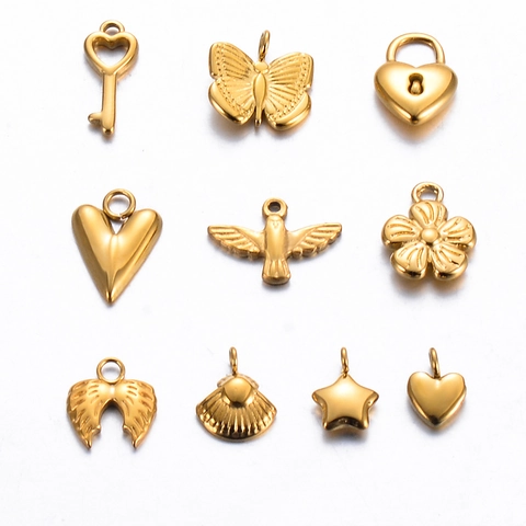 Dijes de Acero Inoxidable Mini 3D Corazón Mariposa Flor Pájaro Concha Candado Llave para Creación de Joyas DIY