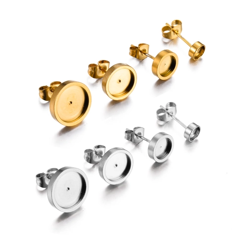Stainless Steel Round Bezel Cup Earring Posts With Butterfly Backs Gold Silver DIY Earring Making Findings For Jewelry Crafting