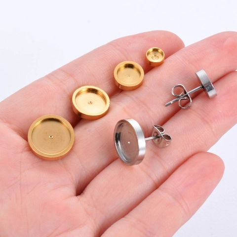 Stainless Steel Round Bezel Cup Earring Posts With Butterfly Backs Gold Silver DIY Earring Making Findings For Jewelry Crafting