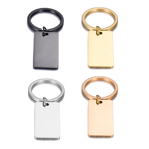 Minimalist Stainless Steel Rectangular Pendant Keychain For Men Women Polished Metal Key Ring For DIY Engraving Gold Silver Black