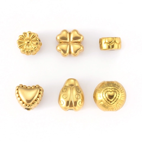 18K Gold Plated Stainless Steel Spacer Beads Heart Clover Ladybug Floral Metal Loose Beads For DIY Jewelry Making Bracelet