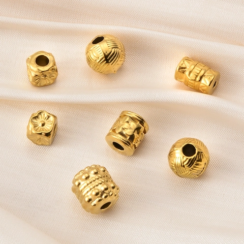 18K Gold Plated Stainless Steel Spacer Beads For Jewelry Making DIY Floral Woven Hammered Pattern Loose Beads For DIY Bracelet