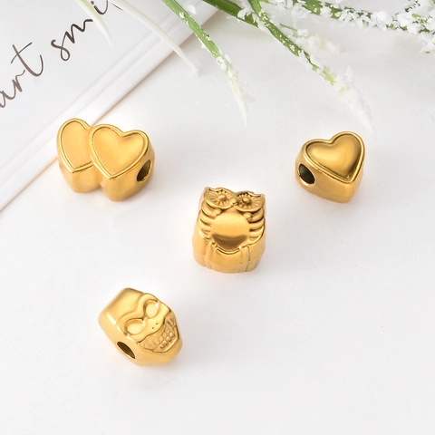 Edelstahl Gold Galvanisiert Großlochperlen Herz Eule Totenkopf Kleeblatt Charms Für DIY Armband Halskette Schmuckherstellung Zubehör
