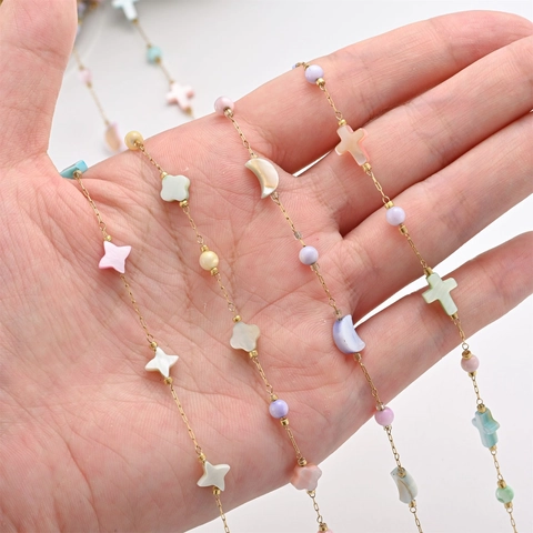 Stainless Steel Colorful Shell Bead Handmade DIY Jewelry Chain Star Moon Cross Flower Decorative Sweater Chain Accessories