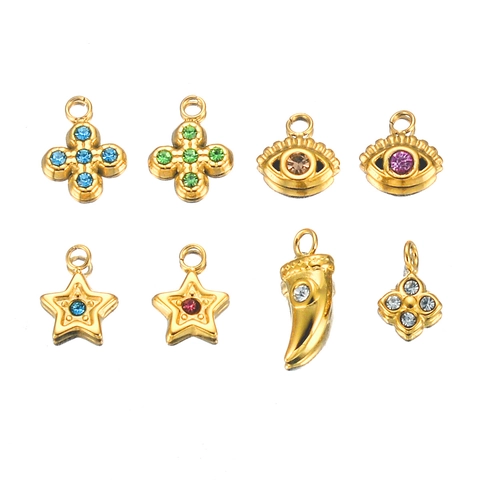 Stainless Steel Rhinestone Mini Charms For Jewelry Making DIY Cross Evil Eye Star Chili Clover Pendants Gold Plated Findings