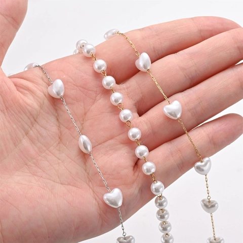 Stainless Steel Heart Artificial Pearl Handmade Chain For DIY Jewelry Making Bags Accessories Elegant Gold Silver Chain