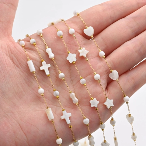 18K Gold Plated Stainless Steel Chain With White Shell Heart Star Cross Charms For Handmade DIY Jewelry Making Craft Supplies