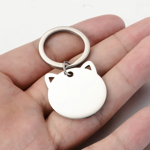 Minimalist Stainless Steel Cat Head Blank Pendant Keychain Polished Metal Key Ring For DIY Pet ID Tag Gift Accessory