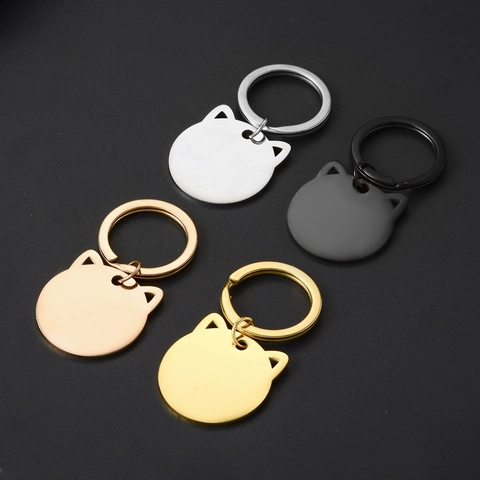 Minimalist Stainless Steel Cat Head Blank Pendant Keychain Polished Metal Key Ring For DIY Pet ID Tag Gift Accessory