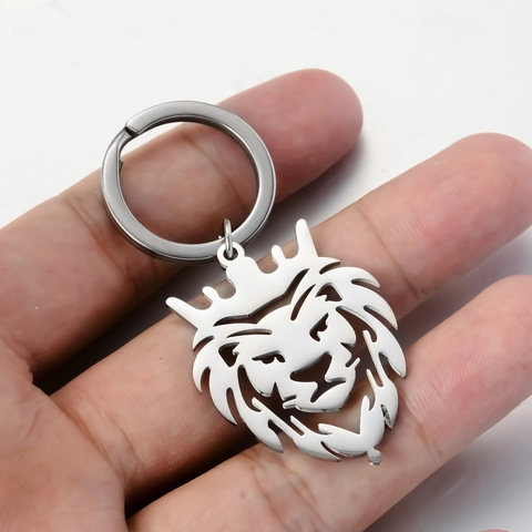 Llavero de Cabeza de León con Corona de Acero Inoxidable Anillo de Metal Pulido para Hombre Accesorio de Moda de Tendencia