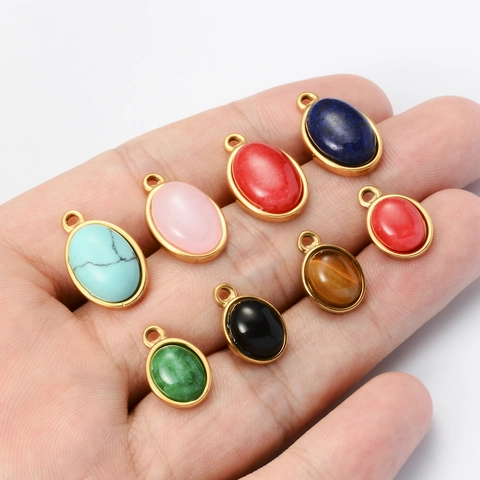Stainless Steel Oval Natural Stone Pendants For Jewelry Making Findings DIY Tiger Eye Turquoise Charm Pendant Craft Accessories For Necklace Bracelet