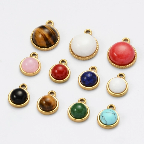 Round Natural Stone Stainless Steel Pendants Vintage DIY Jewelry Making Findings Tiger's Eye Turquoise Agate Charm Pendant Accessory