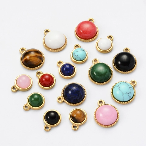 Round Natural Stone Stainless Steel Pendants Vintage DIY Jewelry Making Findings Tiger's Eye Turquoise Agate Charm Pendant Accessory