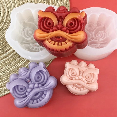 Chinese Leeuwendans Siliconen Vorm Voor Chocolade Fondant Kaars Zeep DIY 3D Traditionele Leeuwenkop Reliëf Bakken Tool