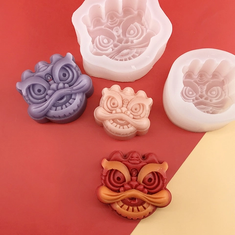 Chinese Leeuwendans Siliconen Vorm Voor Chocolade Fondant Kaars Zeep DIY 3D Traditionele Leeuwenkop Reliëf Bakken Tool