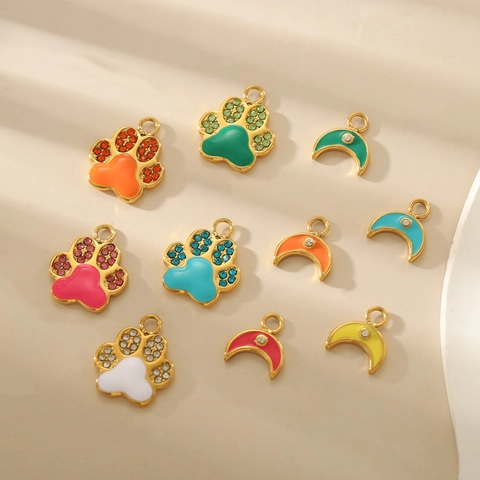 Stainless Steel DIY Pendant Enamel Zirconia Cute Dog Paw Crescent Moon Charm For Necklace Earring Jewelry Making Accessory