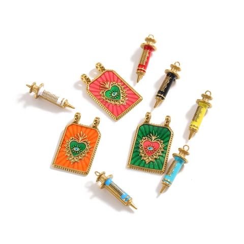 Vintage Baroque Stainless Steel Evil Eye Sacred Heart Square Enamel Pendants Creative Syringe Charms For Jewelry Making DIY