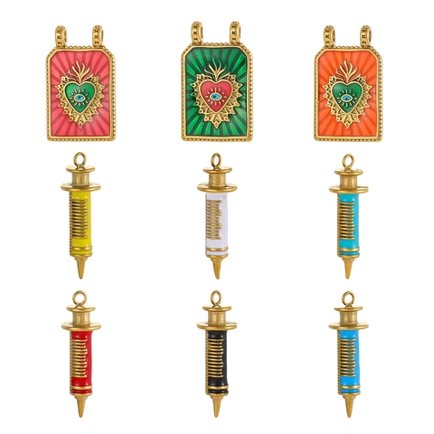 Vintage Baroque Stainless Steel Evil Eye Sacred Heart Square Enamel Pendants Creative Syringe Charms For Jewelry Making DIY