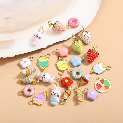 3D Stainless Steel Cartoon Rabbit Strawberry Ice Cream Candy Pendants For DIY Jewelry Making Colorful Drip Oil Enamel Charms