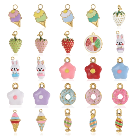 3D Stainless Steel Cartoon Rabbit Strawberry Ice Cream Candy Pendants For DIY Jewelry Making Colorful Drip Oil Enamel Charms