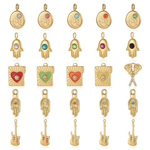 Vintage Stainless Steel Evil Eye Hamsa Hand Guitar Pendant Zirconia Inlaid Charms For DIY Jewelry Making Necklaces