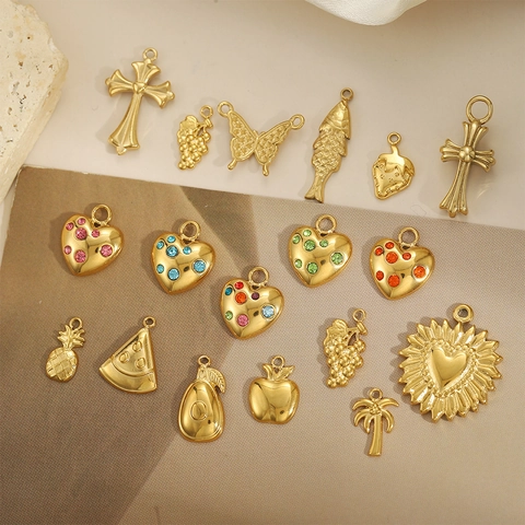 Stainless Steel Gold Plated French Vintage Cross Heart Fruit DIY Pendant Jewelry Accessories For Women Necklace Bracelet