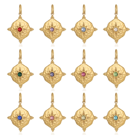Vintage Stainless Steel Birthstone Pendant Hammered Rhombus Star Charms With Rhinestone For DIY Jewelry Necklace Making Women