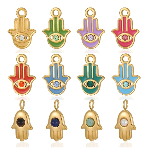 Vintage Edelstahl Hand Der Fatima Anhänger Für DIY Schmuckherstellung Bunte Emaille Zirkon Böser Blick Fatima Hand Charms