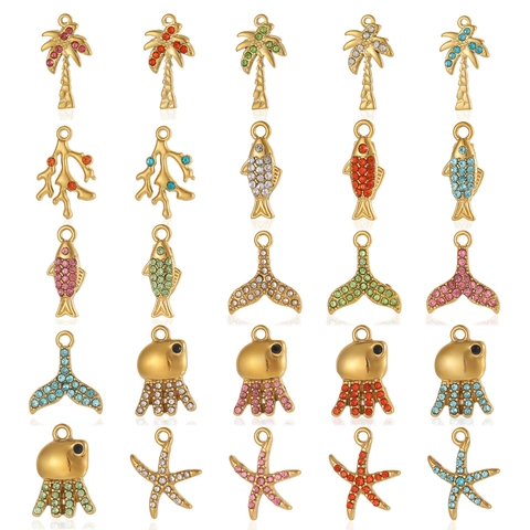 Stainless Steel Marine Life Pendant Zirconia Octopus Starfish Whale Tail Coconut Tree Charm For DIY Jewelry Making Pendants