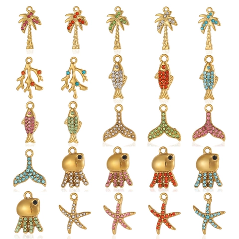 Stainless Steel Ocean Theme DIY Pendant Accessories Rhinestone Inlaid Gold Palm Tree Fish Tail Starfish Octopus Charms