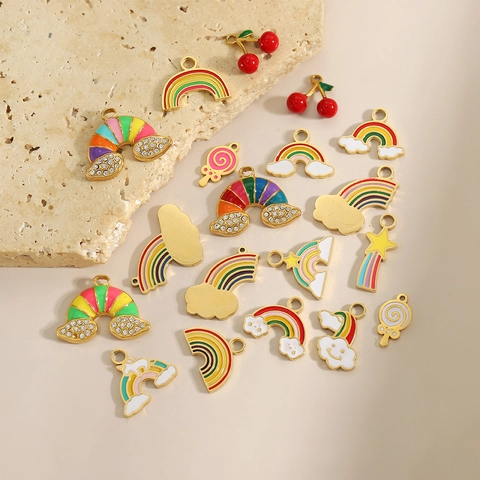 Stainless Steel Rainbow Enamel Pendant With Rhinestone Accents DIY Jewelry Making Cute Unicorn Lollipop Charms Accessories