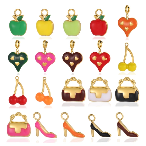Stainless Steel Enamel Pendant DIY Jewelry Accessories Heart Apple Cherry Handbag High Heels Charms For Bracelet Necklace Women