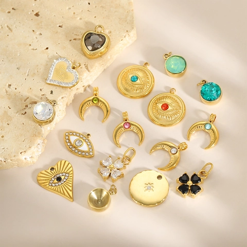 Colgante de Ojo Turco de Acero Inoxidable Barroco para Creación de Joyas DIY Corazón Luna Estrella Trébol Strass Chapado en Oro