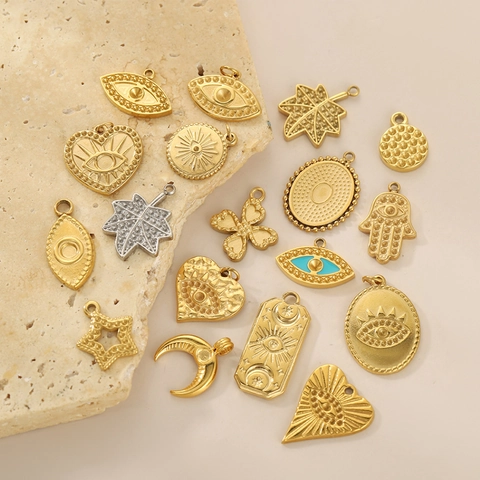 Pendentifs Vintage en Acier Inoxydable Oeil de Turquie Main de Fatma pour Bijoux DIY Breloques Plaquées Or Coeur Étoile Lune Feuille d'Érable Accessoire Religieux