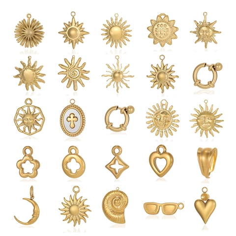 Vintage Stainless Steel Pendants Sun Moon Star Heart Cross Shell Charms Electroplated Gold For DIY Jewelry Making Accessories