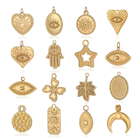 Pendentifs Vintage en Acier Inoxydable Oeil de Turquie Main de Fatma pour Bijoux DIY Breloques Plaquées Or Coeur Étoile Lune Feuille d'Érable Accessoire Religieux