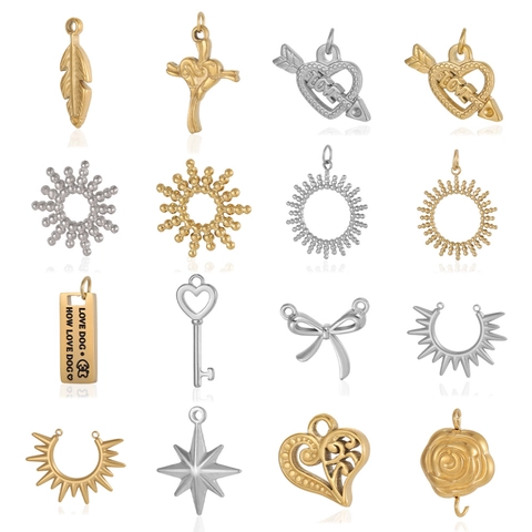 Stainless Steel DIY Charm Pendants Heart Cross Feather Evil Eye Sunburst Key Bow Design Gold Silver Electroplated Jewelry Findings For Necklace Bracelets Making Accessories