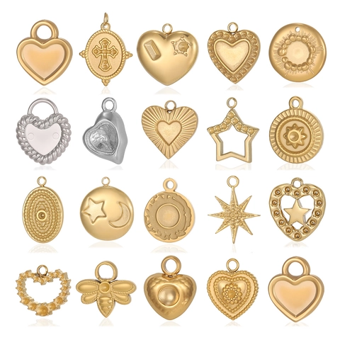 Vintage Colgantes de Acero Inoxidable Corazón Estrella Luna Abeja Cruz Oro Plata Charms Para DIY Collar Pulsera Joyería