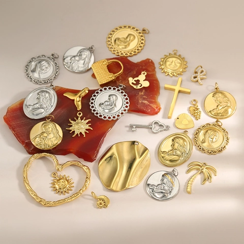 Vintage Edelstahl Anhänger Für DIY Schmuckherstellung Gold Silber Kreuz Herz Sonne Palme Trauben Fischschwanz Charms
