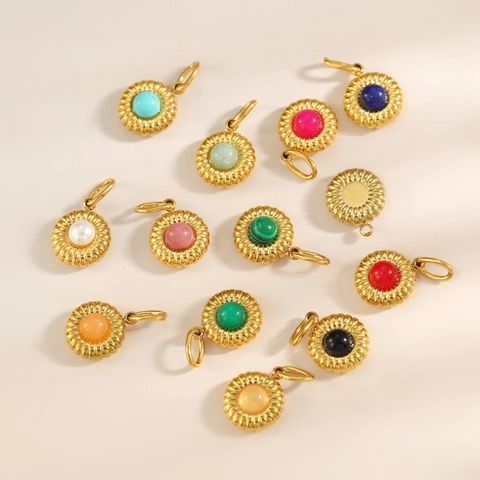 Vintage Stainless Steel Round Pendant With Natural Stone Radial Pattern Ribbed Design DIY Jewelry Accessory For Women Necklace