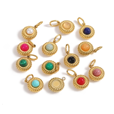 Pendentif Rond en Acier Inoxydable Incrusté de Pierre Naturelle Mode Rétro Motif Fleur Rayon de Soleil Accessoire de Bijoux DIY pour Collier