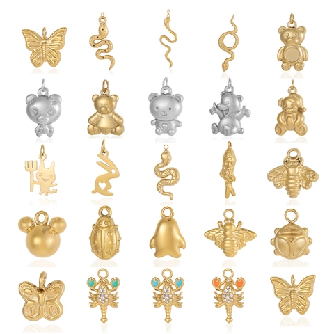 Stainless Steel Animal Insect Charms For DIY Jewelry Making Butterfly Snake Bear Enamel Rhinestone Pendant Accessory