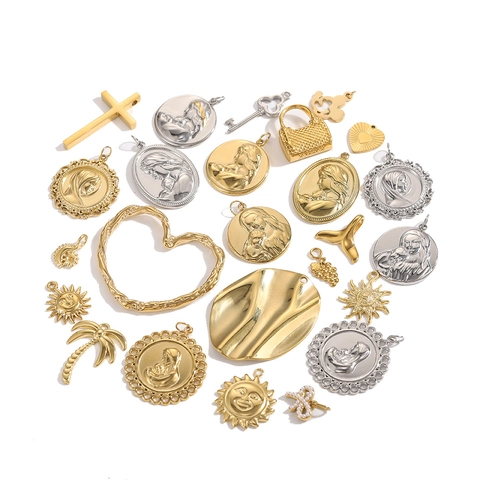 Vintage Edelstahl Anhänger Für DIY Schmuckherstellung Gold Silber Kreuz Herz Sonne Palme Trauben Fischschwanz Charms